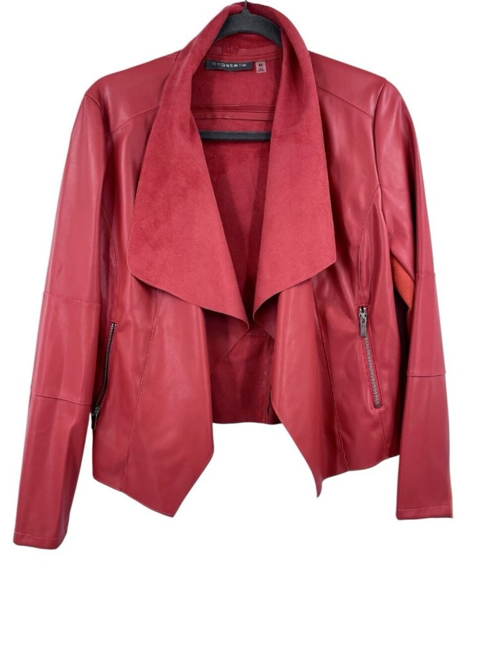BAGATELLE Women's Coral Orange Faux Leather Open Drape Jacket Medium